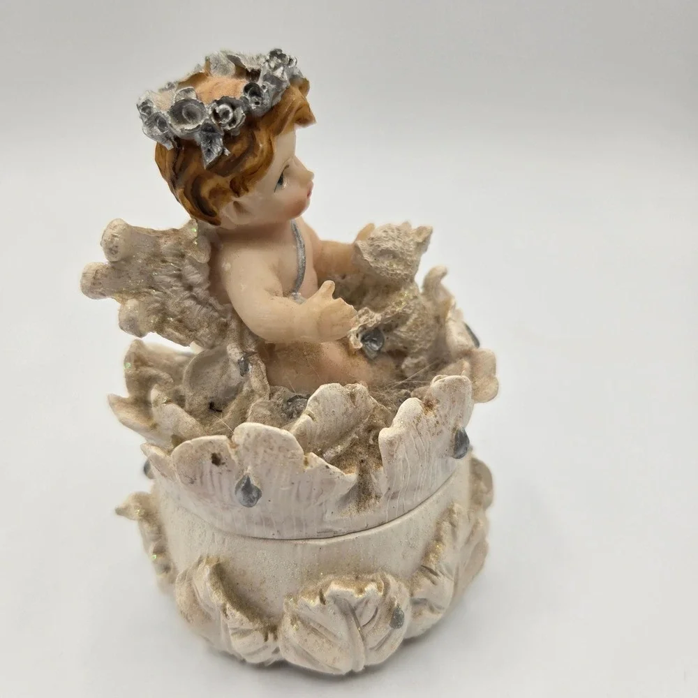 Angel Cherub Trinket Box Small Cream Whimsical Glitter Resin Leaf Decor